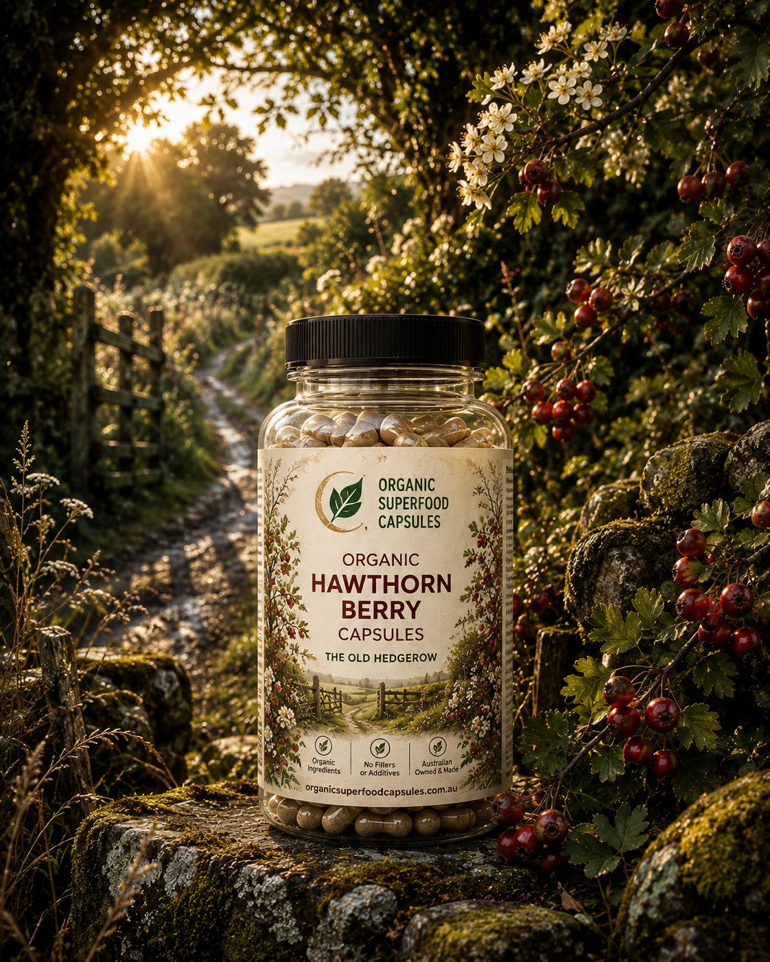 A bottle of Organic Hawthorn Berry Capsules by The Old Hedgerow is displayed on a mossy stone path in a lush, sunlit garden. The bottle is filled with dark brown capsules and features a cream-colored label with green and red text, set against a background of green foliage and red berries.