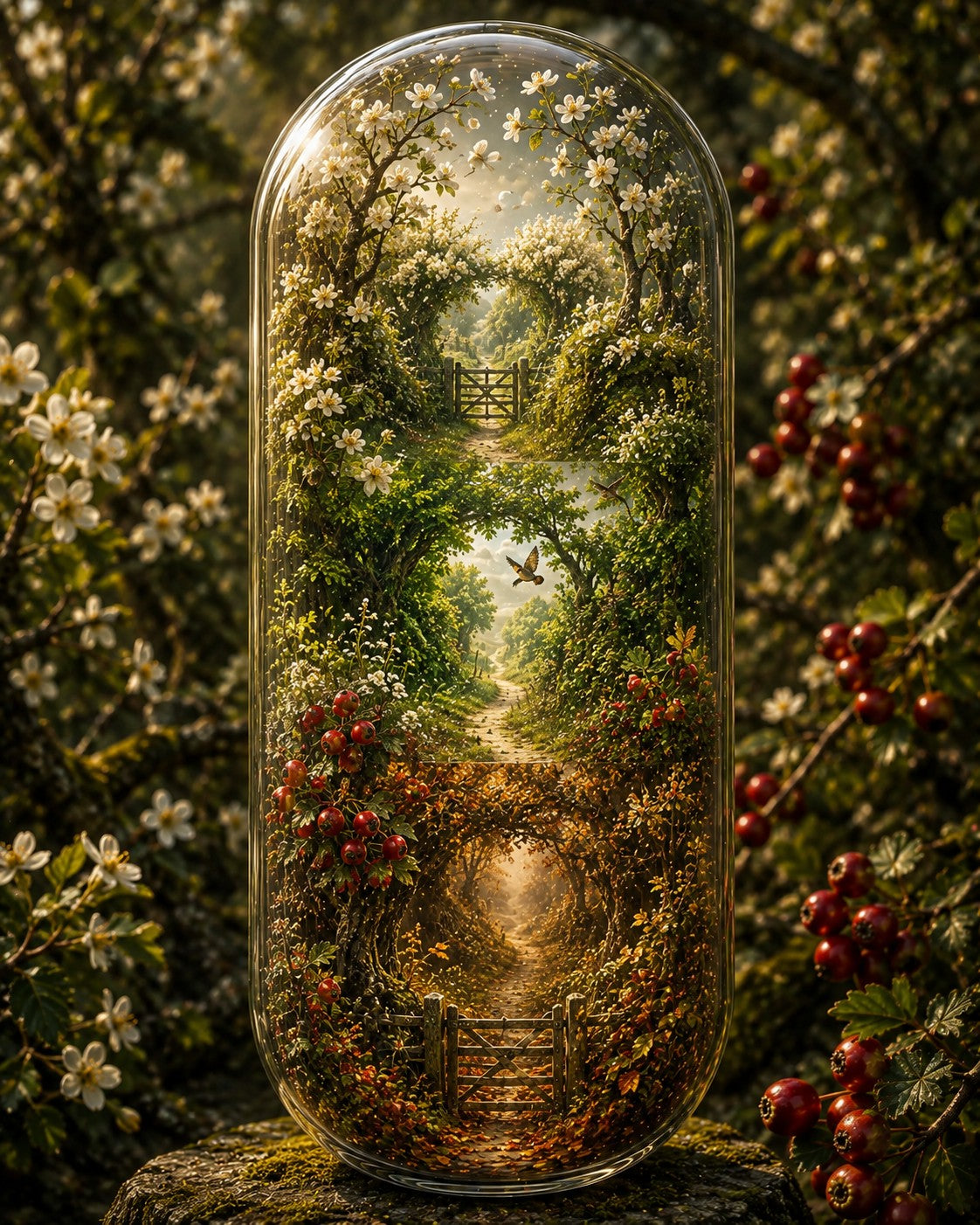 A clear glass dome-shaped container displayed outdoors on a mossy stone, filled with a detailed forest scene featuring a tree-lined path, white blossoms, green foliage, and red berries. The background is a dense garden with white flowers and red berries.