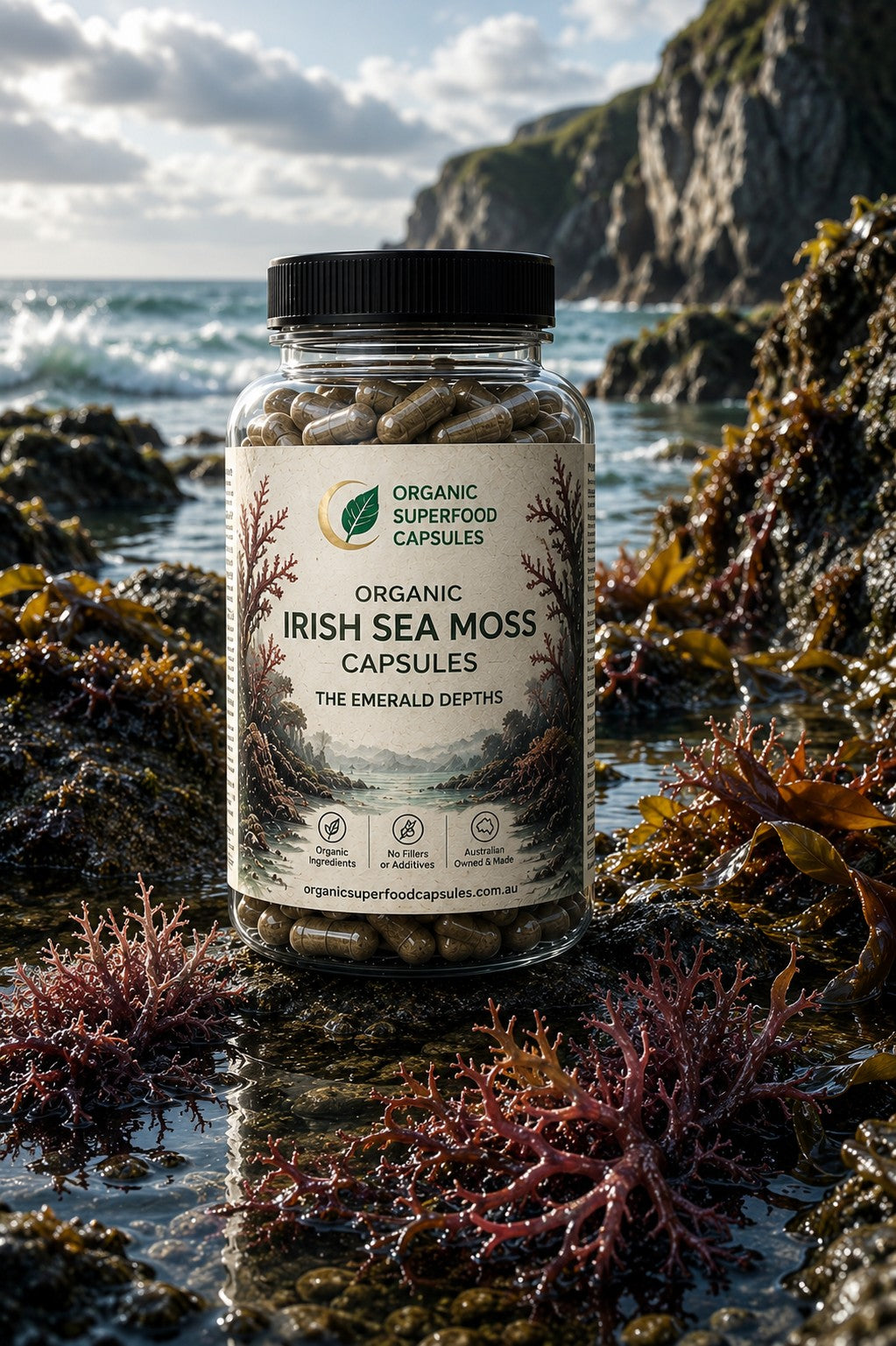 A bottle of Organic Sea Moss Capsules placed on a rocky shoreline with ocean water and cliffs in the background. The clear bottle shows tan sea moss capsules inside and has a black cap with a cream label featuring a green leaf logo and the text 'Organic Irish Sea Moss Capsules'.