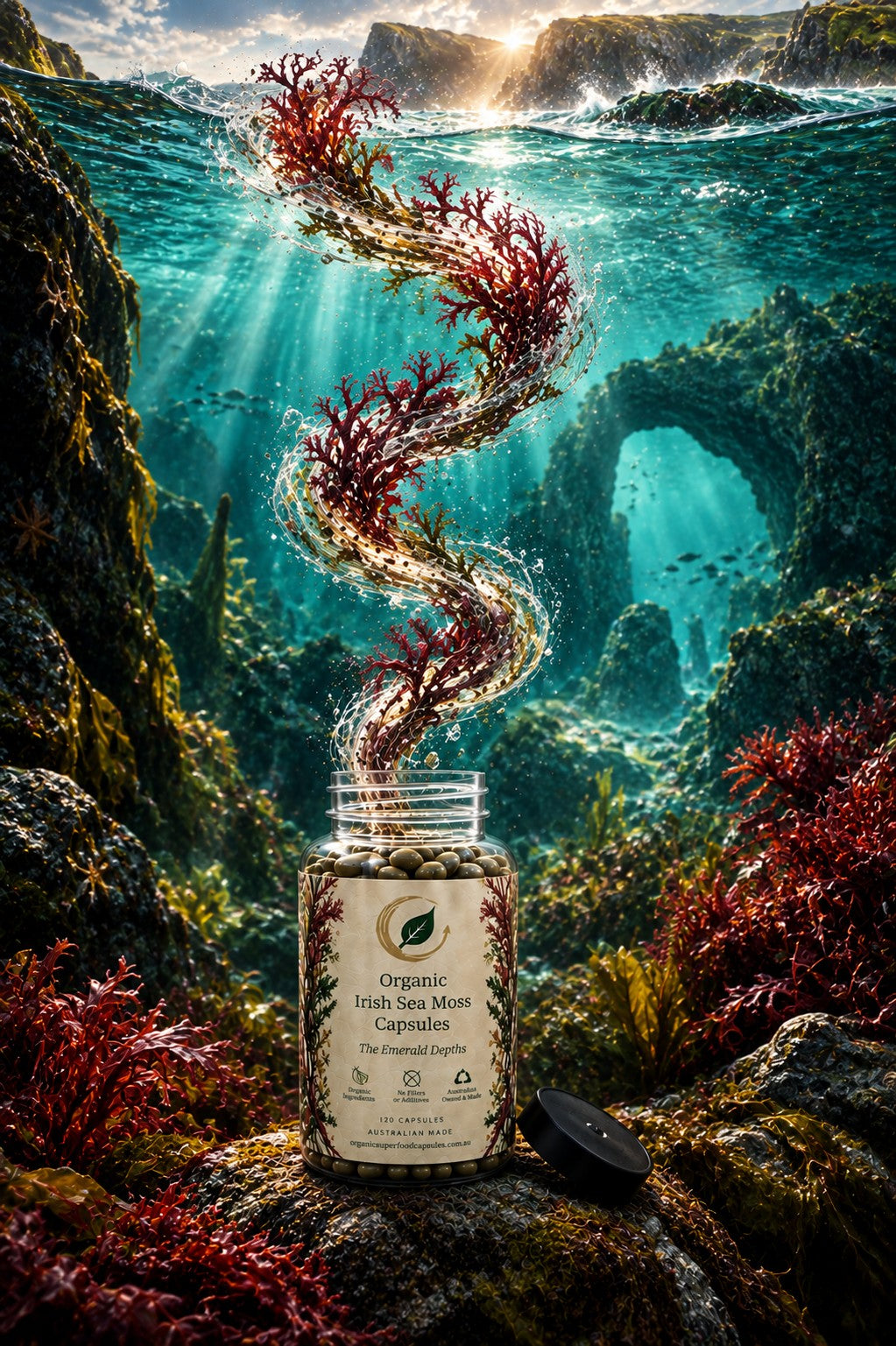 A bottle of Organic Irish Sea Moss Capsules with its cap off, set on a rocky underwater seafloor with a swirling, glowing red and white sea moss structure rising from the bottle, against a backdrop of a sunlit ocean cave.