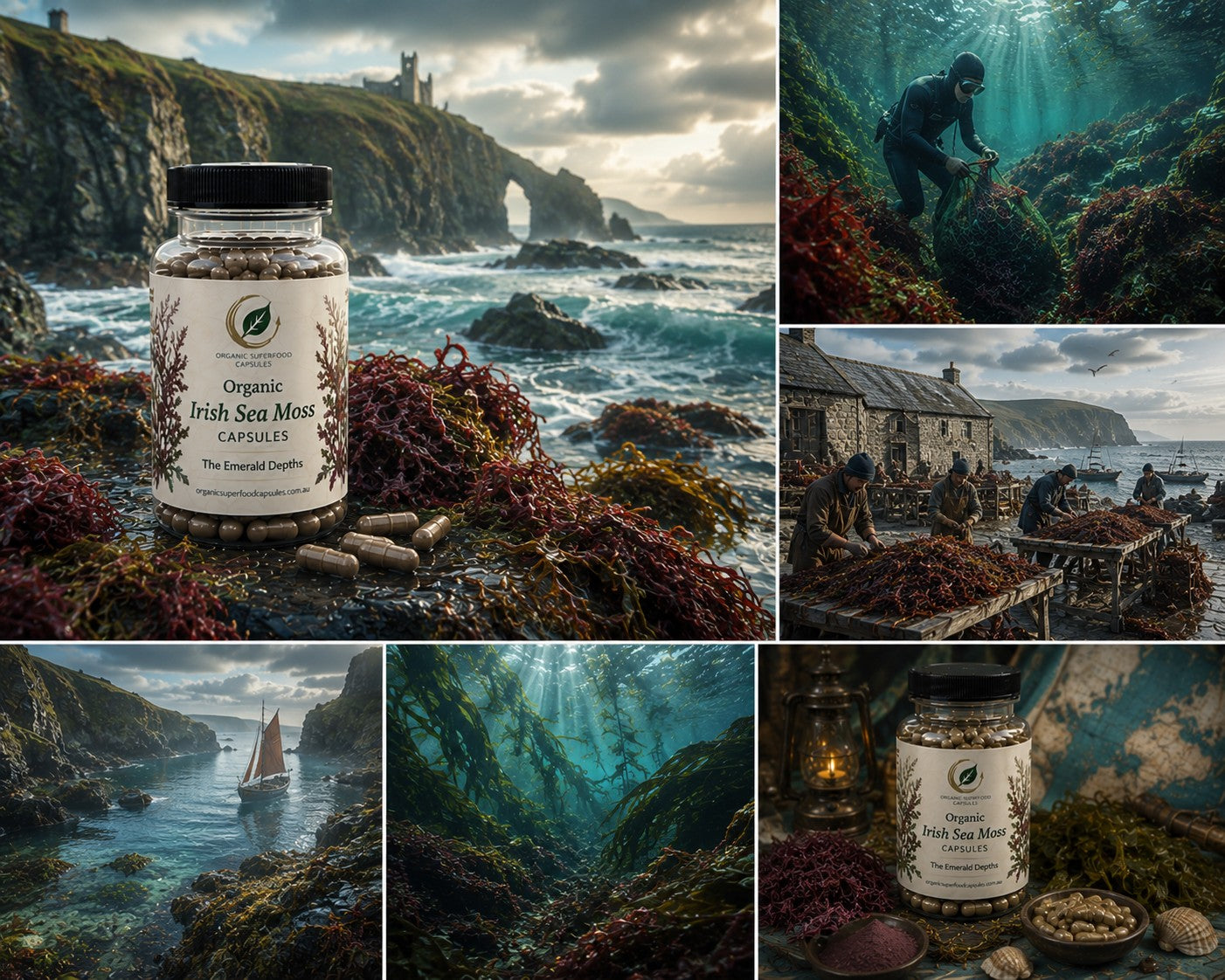 A collage of six panels featuring a bottle of Organic Irish Sea Moss Capsules placed on rocky coastlines, underwater scenes, and a traditional stone cottage by the sea. The bottle label reads 'Organic Irish Sea Moss Capsules' with a green leaf logo.