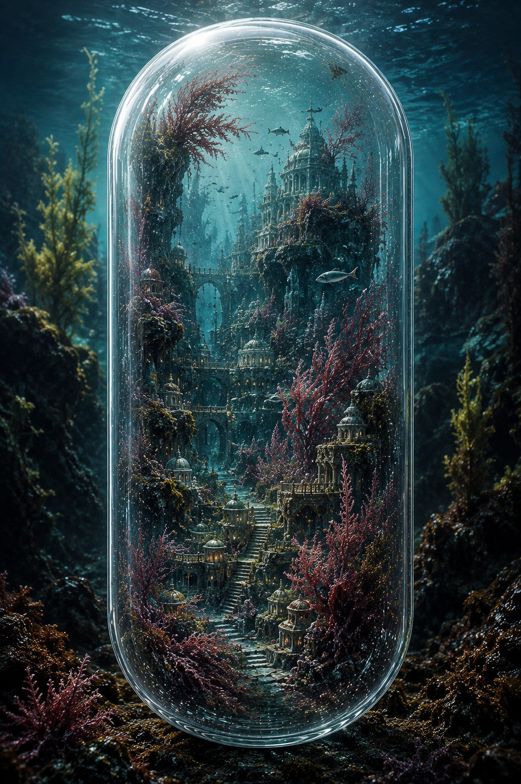 An underwater fantasy scene inside a large clear capsule or dome, with a detailed architectural city, stone pathways, and coral-like vegetation in blue, teal, and burgundy tones.