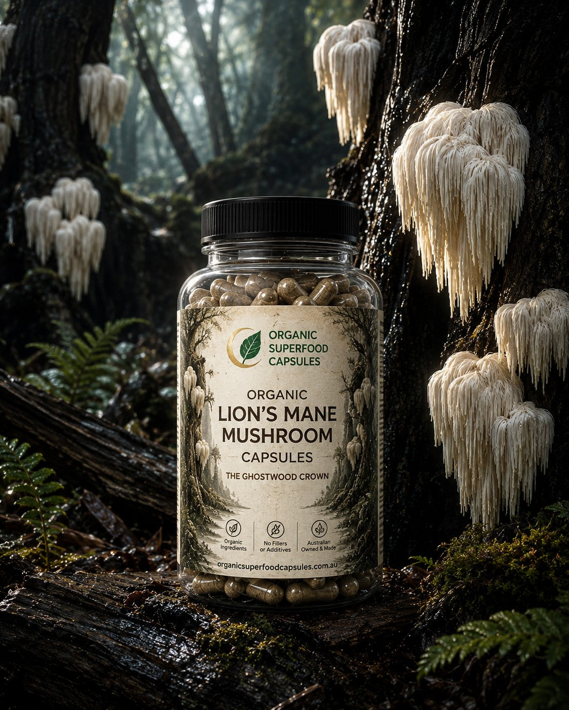 A bottle of Organic Lion's Mane Mushroom Capsules by The Ghostwood Grove, set on a mossy log surrounded by lion's mane mushrooms in a forest.