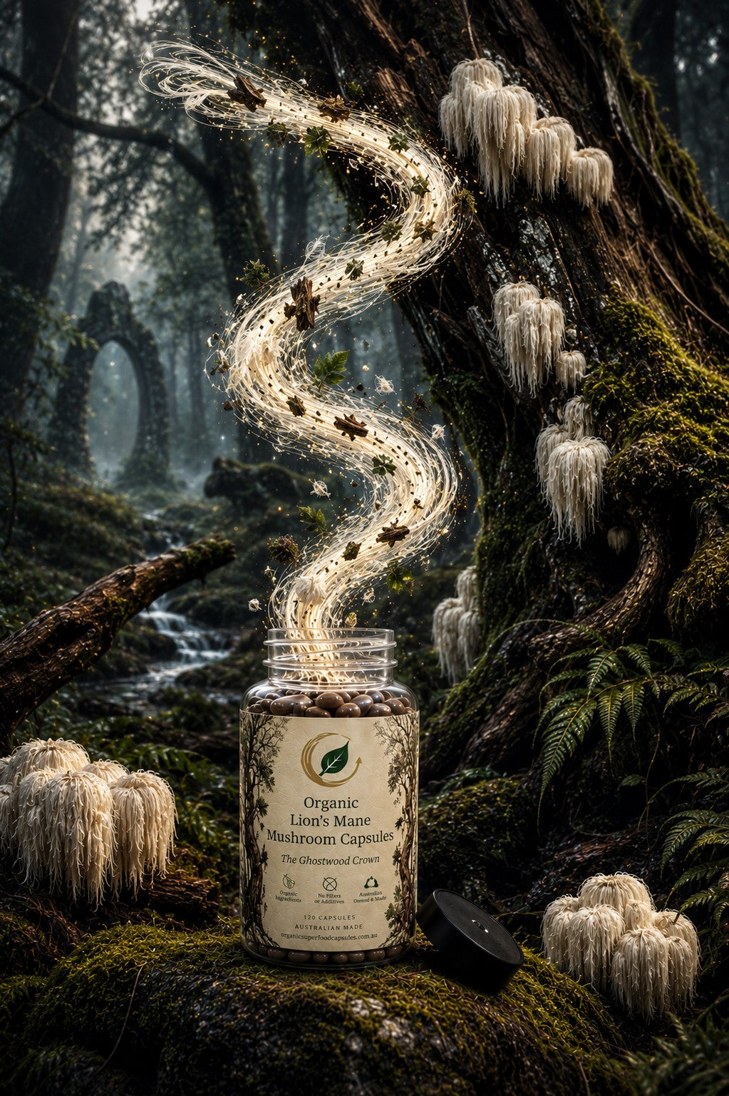 A jar of Organic Lion's Mane Mushroom Capsules sits on a mossy forest floor with a black lid beside it. A swirling trail of golden spores rises into a mystical forest filled with mushrooms and greenery.