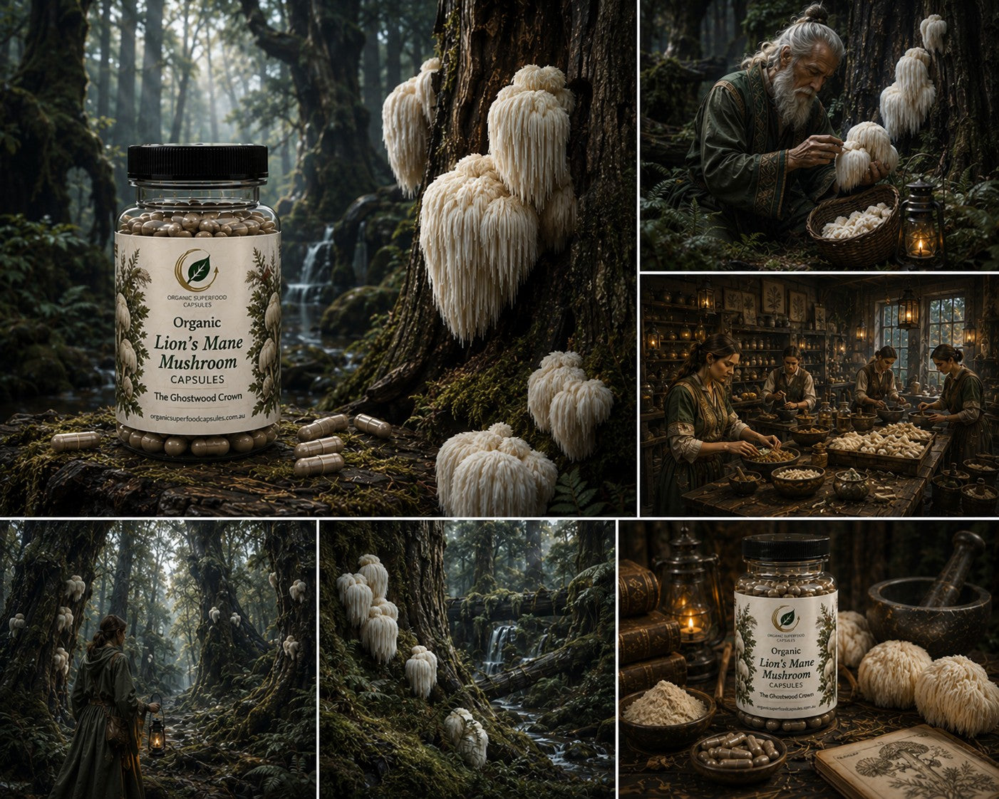 A collage showing a jar labeled 'Organic Lion's Mane Mushroom Capsules' alongside realistic lion's mane mushrooms growing on a tree in a forest, scenes of a person handling mushrooms, and a rustic mushroom-processing setting.