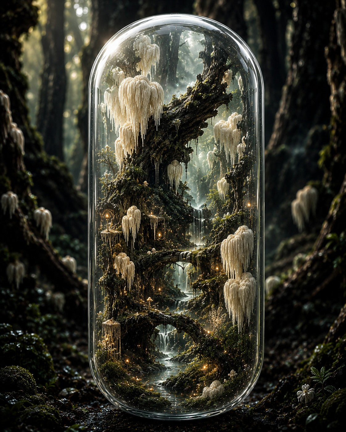A clear capsule-shaped glass container sits in a dark forest, containing a miniature fantasy forest scene with glowing trees, waterfalls, and cream-colored fungal clusters.