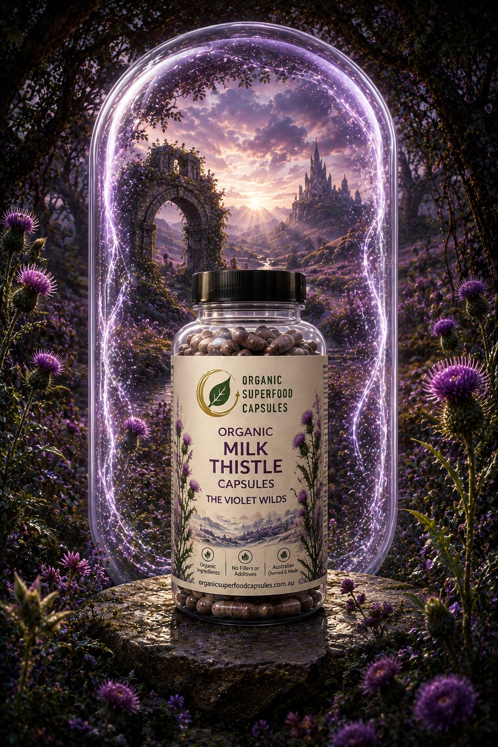 A bottle of Organic Milk Thistle Capsules from The Violet Wilds, set on a stone pedestal in a mystical forest with purple flowers and a glowing arched portal in the background.