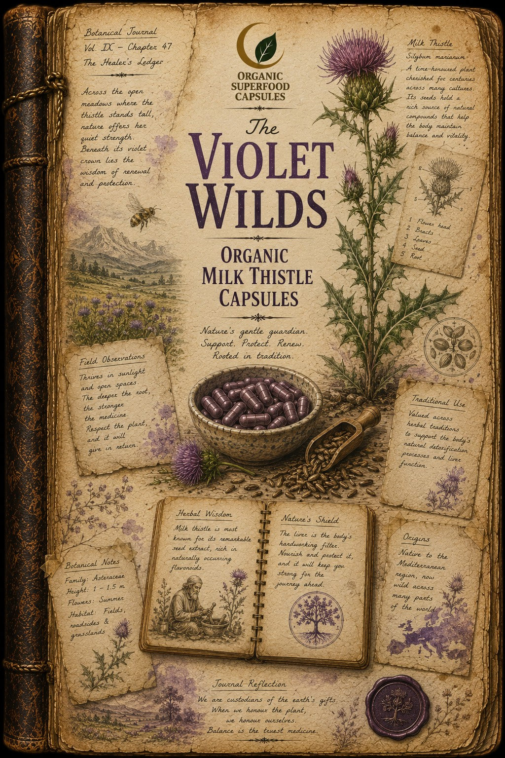 A vintage-style book cover for 'The Violet Wilds Organic Milk Thistle Capsules' featuring an aged parchment design with botanical illustrations, handwritten notes, a bowl of purple capsules, and a wooden spoon.