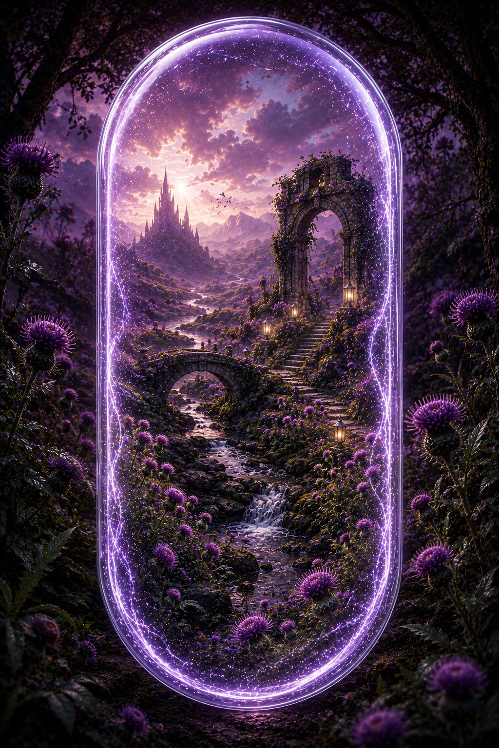 A fantasy landscape artwork framed by a glowing purple oval border, showing a mystical forest scene with a stream, stone archway, distant castle, and purple flowers under a pink-purple sky.