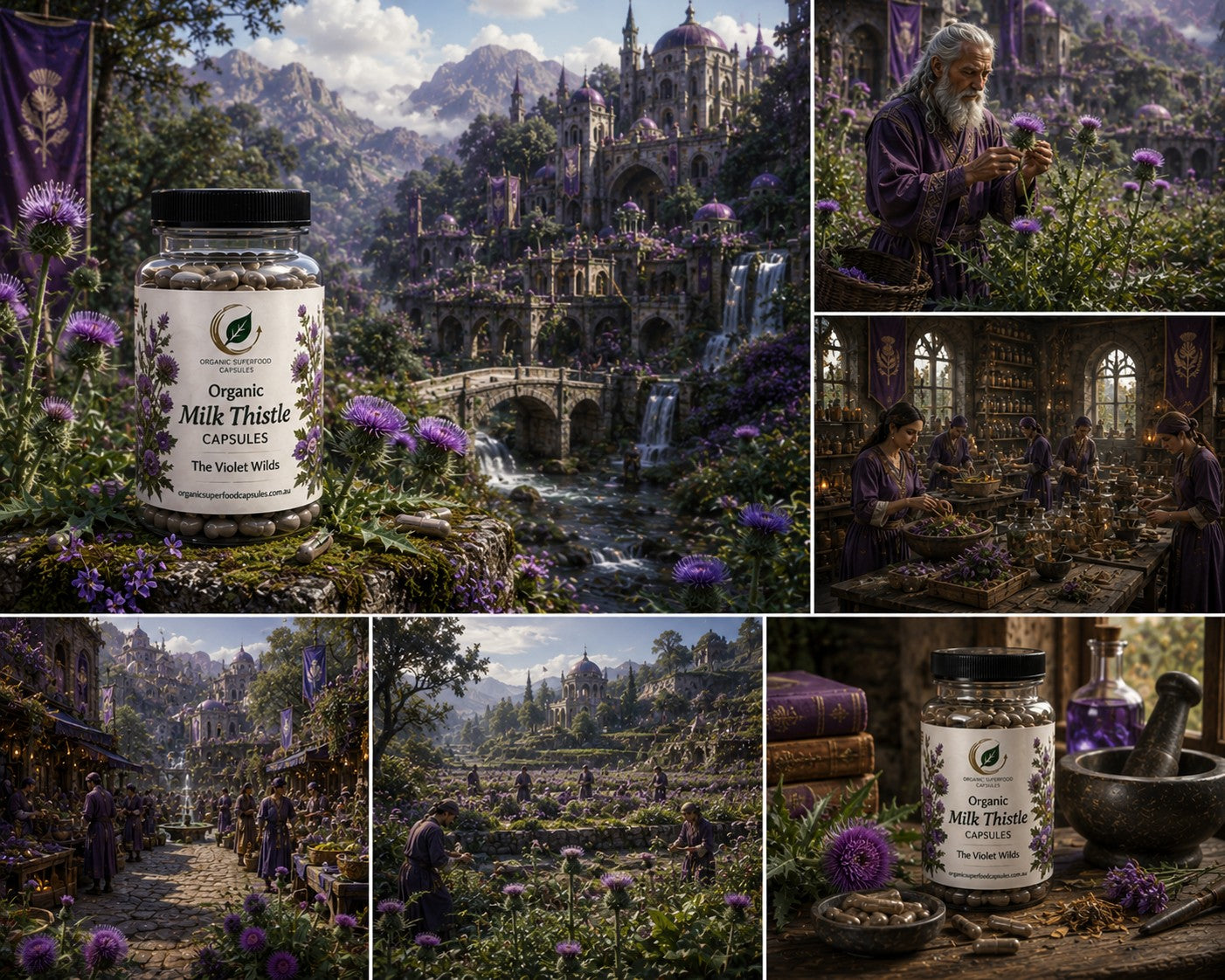 A collage of seven fantasy-style scenes featuring a jar labeled Organic Milk Thistle Capsules, with purple flowers, mountains, a village, and an elderly woman in robes. The product jar is shown prominently in several panels, set against richly detailed illustrated environments.