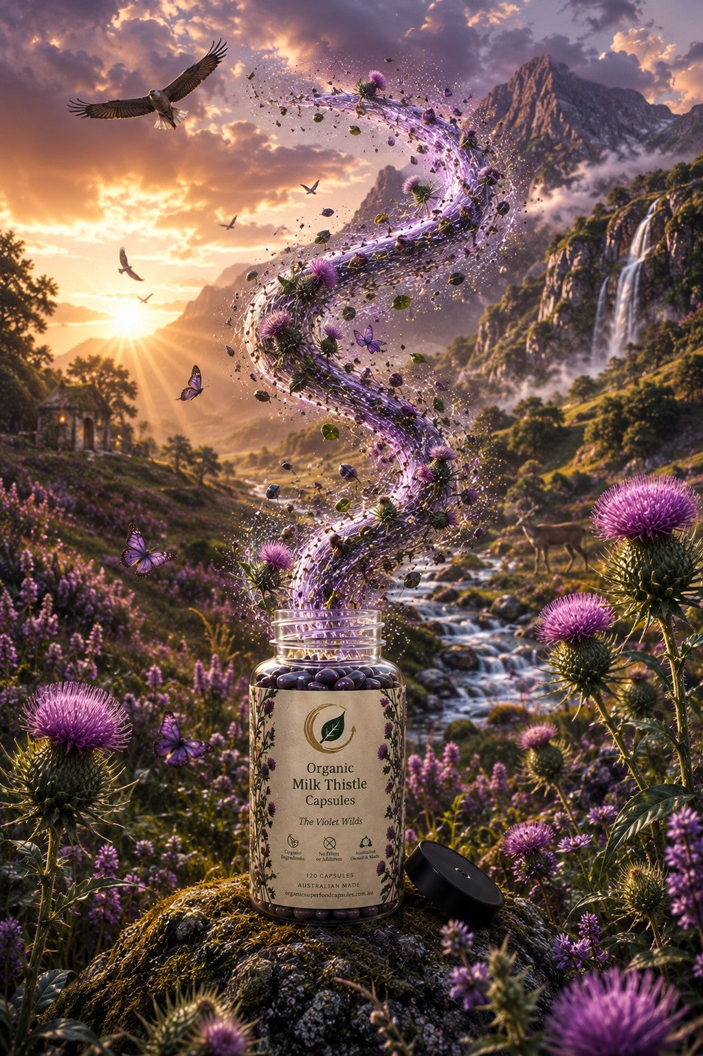 A bottle of Organic Milk Thistle Capsules stands in a vivid fantasy landscape with mountains, a waterfall, birds, butterflies, and purple milk thistle flowers. A swirling purple and green mist rises from the open bottle, suggesting herbal potency.