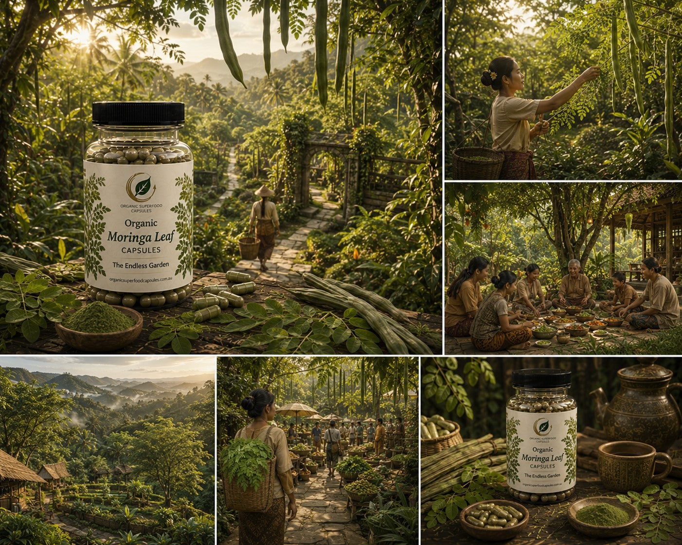 A collage of six photos featuring a jar of Organic Moringa Leaf Capsules prominently in the foreground, surrounded by lush tropical forests, people harvesting and preparing moringa leaves, and close-up shots of the product on rustic wooden tables.