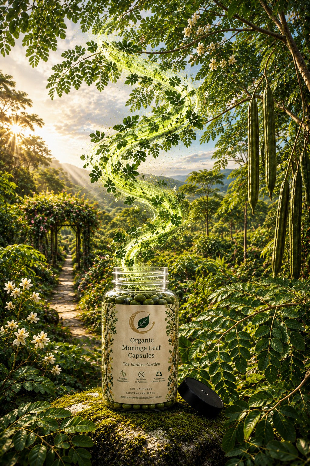 A jar of Organic Mortgaged Leaf Capsules placed on a mossy rock in a lush green garden with a sunlit path and trees in the background. The jar label reads 'The Hidden Garden'.