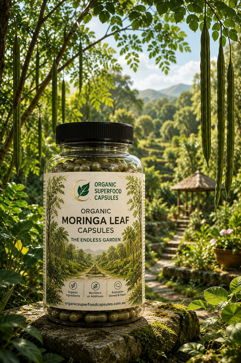 A bottle of Organic Moringa Leaf Capsules placed on a mossy stone in a lush garden setting. The bottle has a black cap and a cream-colored label with green text and a graphic of a moringa tree path.