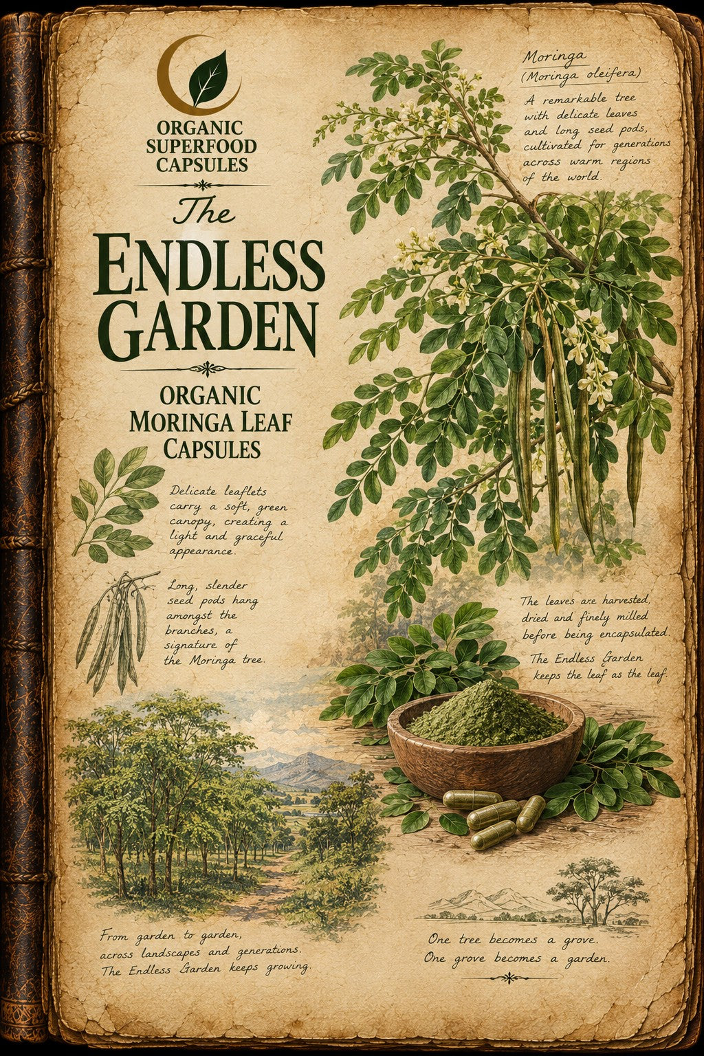 Vintage-style book cover for 'The Endless Garden' featuring illustrated green herbs, a bowl of green powder, and capsules, with text reading 'Organic Superfood Capsules' and 'Organic Moringa Leaf Capsules'.