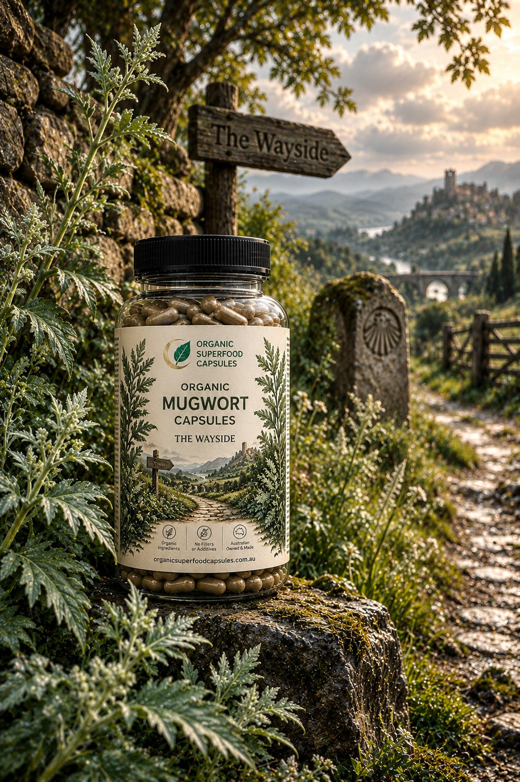 A bottle of Organic Farming Co Organic Mugwort Capsules sits on a mossy stone in an outdoor garden setting with a stone wall, a wooden sign reading 'The Wayside', and a scenic path in the background.