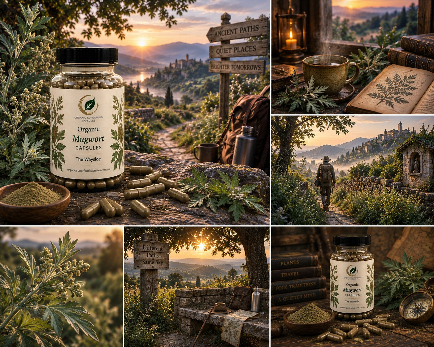 A collage of six panels showcasing a bottle of Organic Magnoli Capsules. The product is shown in various rustic outdoor settings with mountains, signposts, a campfire, and herbal ingredients, creating a natural, adventurous brand story.