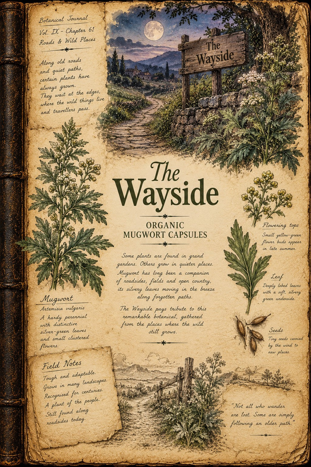 Vintage-style illustrated book page titled "The Wayside Organic Mugwort Capsules" with botanical drawings, a moonlit garden scene, and aged parchment background.