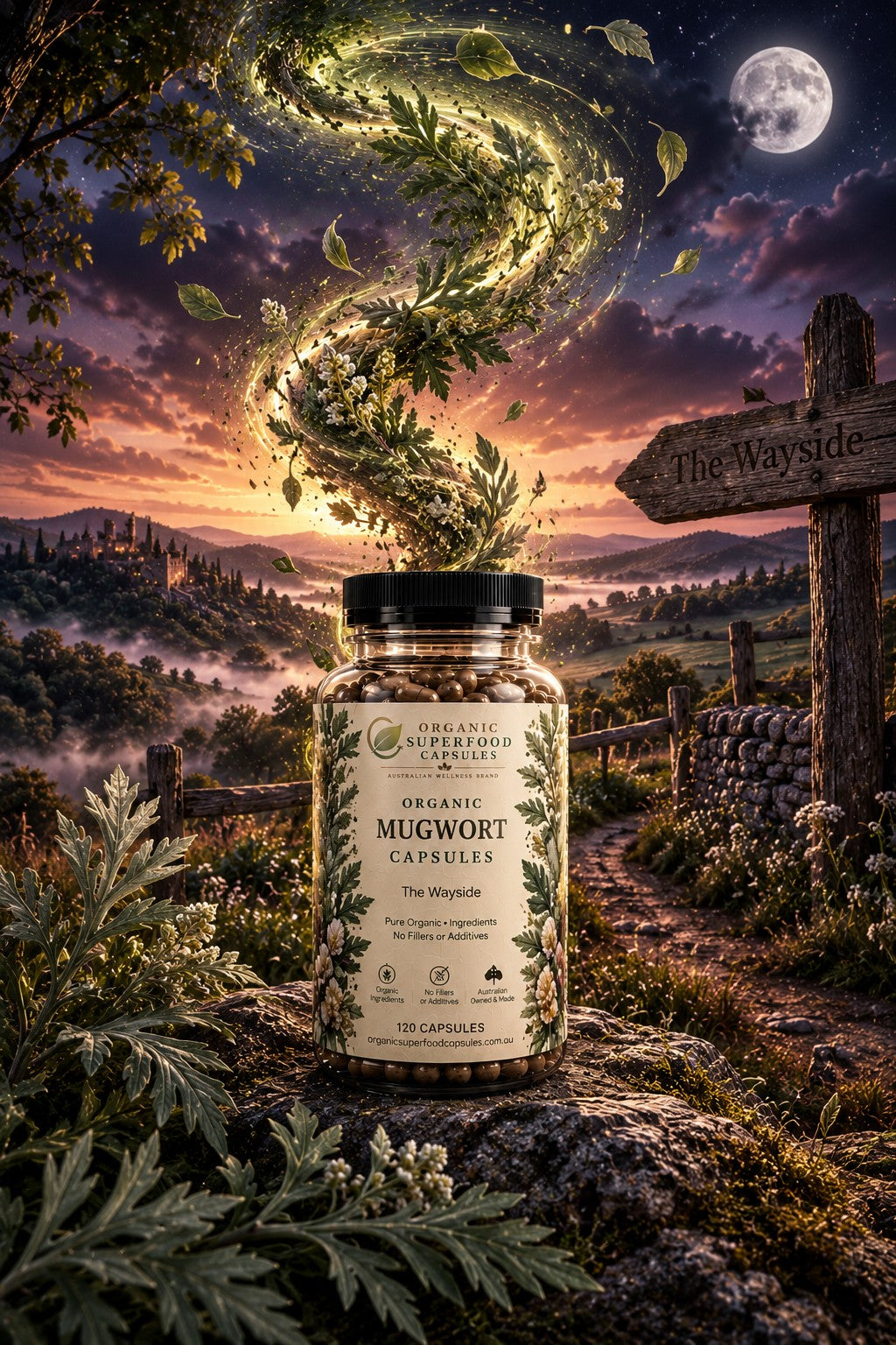A bottle of Organic Mugwort Capsules stands on a rocky path in a scenic outdoor landscape at sunset, with glowing mugwort leaves swirling upward into the sky and a wooden sign reading 'The Wayside' in the background.