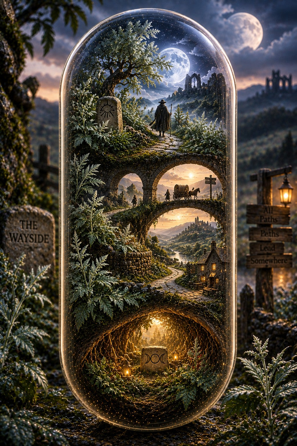 A large arched glass display case stands outdoors in a fantasy landscape, containing a miniature illustrated scene of a moonlit forest path with stone bridges, houses, trees, and a glowing cave. The real environment around the case is dark and moody, with foliage, a signpost, and a moon in the sky visible through the glass.