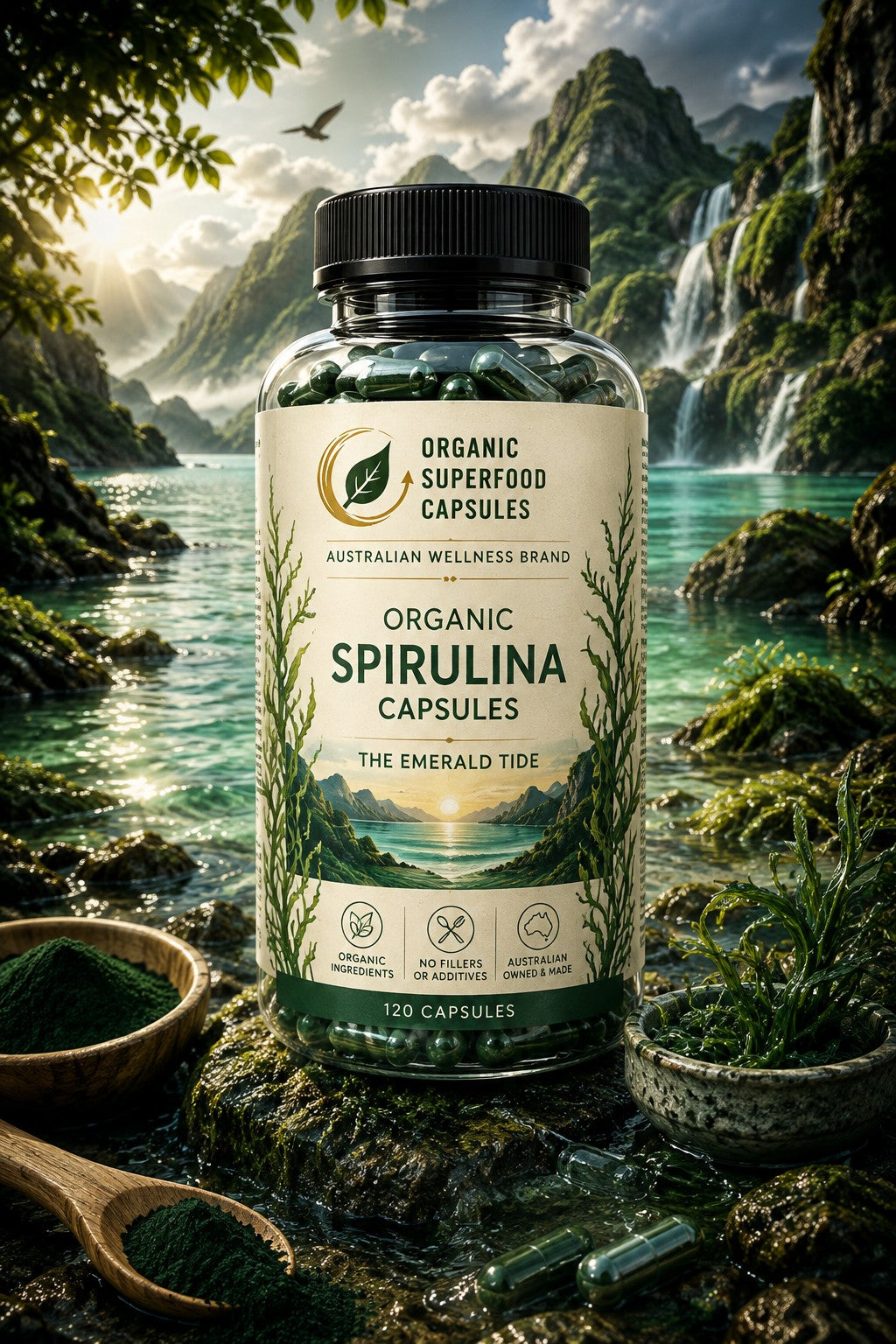 Organic Spirulina Capsules The Emerald Tide bottle with spirulina powder in natural waterfall landscape