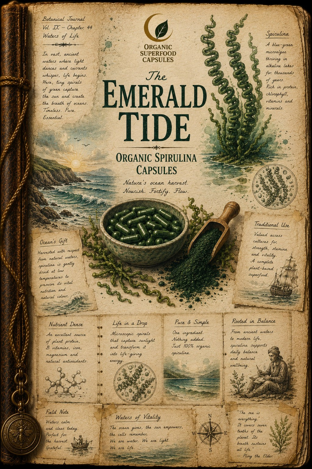 The Emerald Tide Organic Spirulina Capsules botanical journal infographic with spirulina plant illustrations