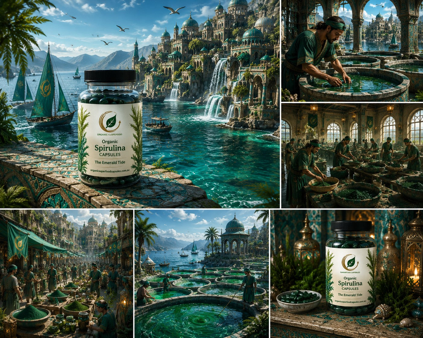 Organic Spirulina Capsules The Emerald Tide product collage showing ancient spirulina harvesting scenes