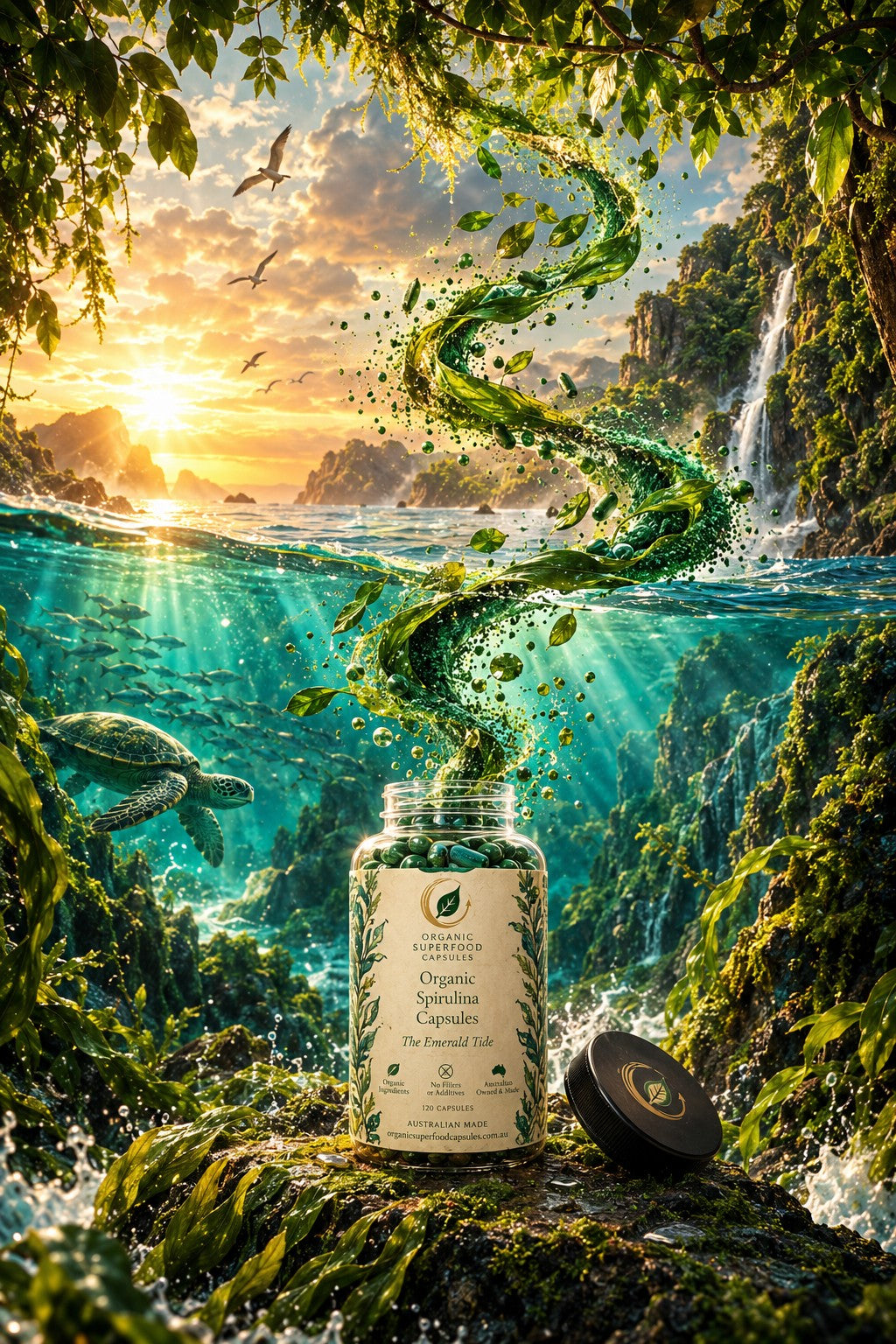 Organic Spirulina Capsules The Emerald Tide jar open in underwater ocean scene with spirulina swirling upward