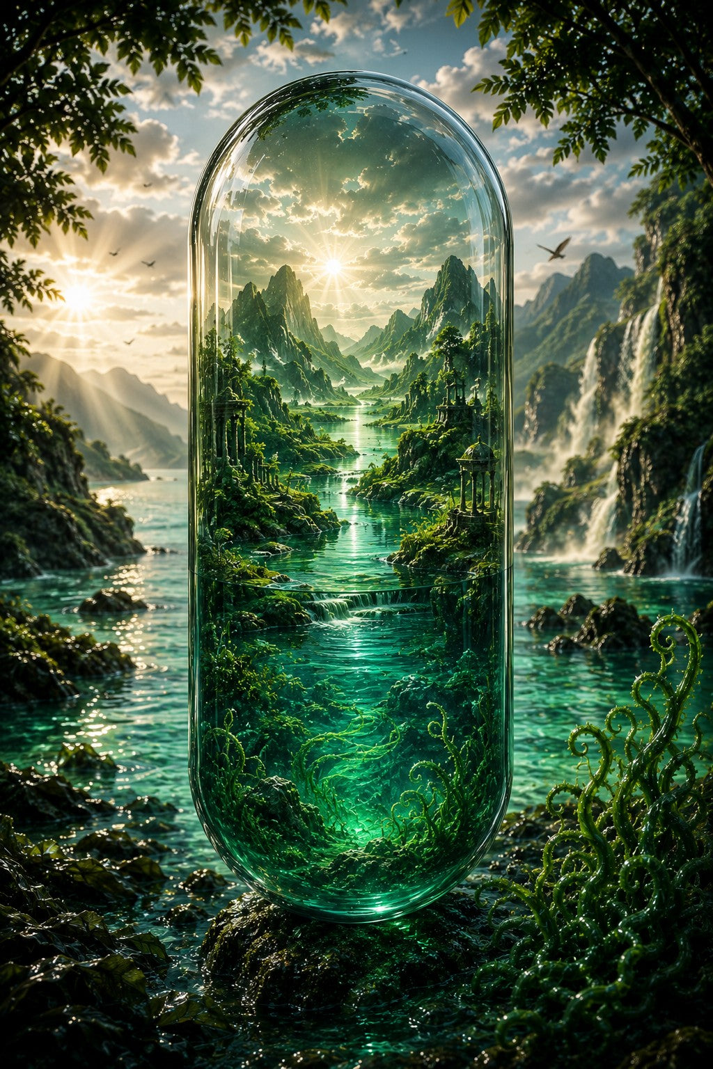 Single organic spirulina capsule containing a lush green world — The Emerald Tide by Organic Superfood Capsules