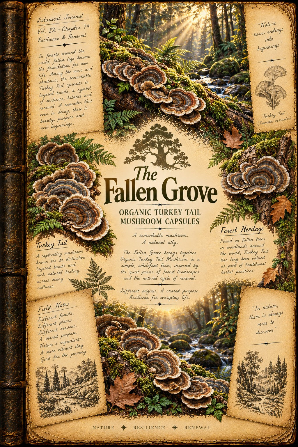 A vintage-style illustrated poster or booklet cover titled "The Fallen Grove" with a forest scene, large turkey tail mushrooms, handwritten notes, and aged parchment panels. This appears to be the product artwork itself rather than a real photographed environment, so Product/Packaging fits better than Lifestyle or Scenery.