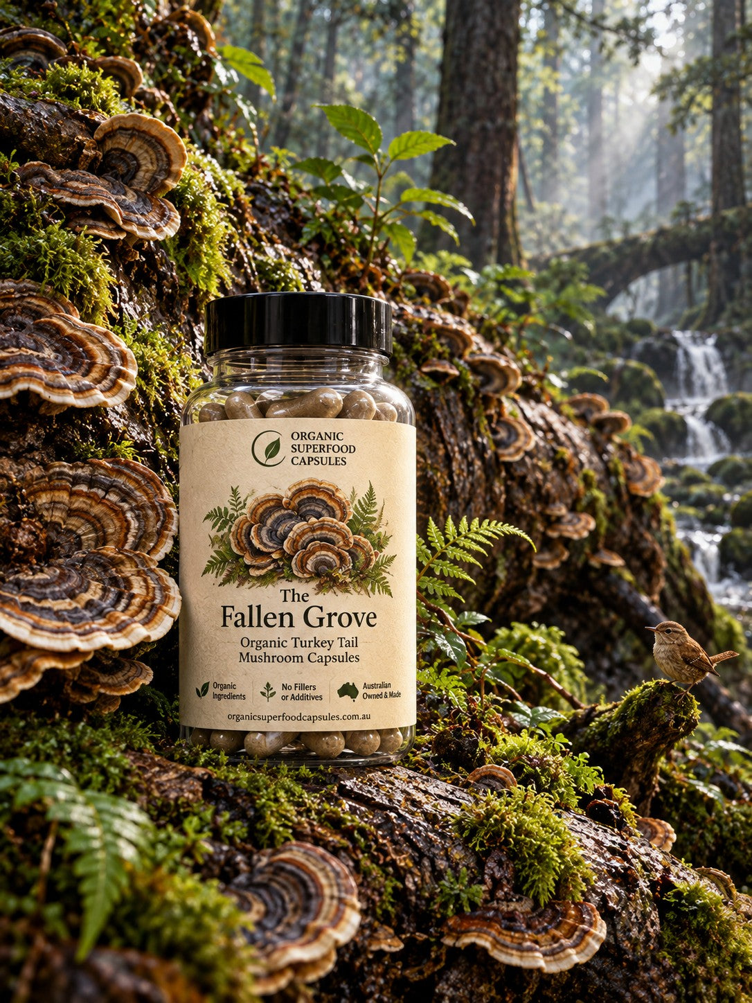 A bottle of Organic Superfood Capsules by The Fallen Grove mushroom extract, placed on a mossy log in a forest setting with mushrooms and a waterfall in the background.