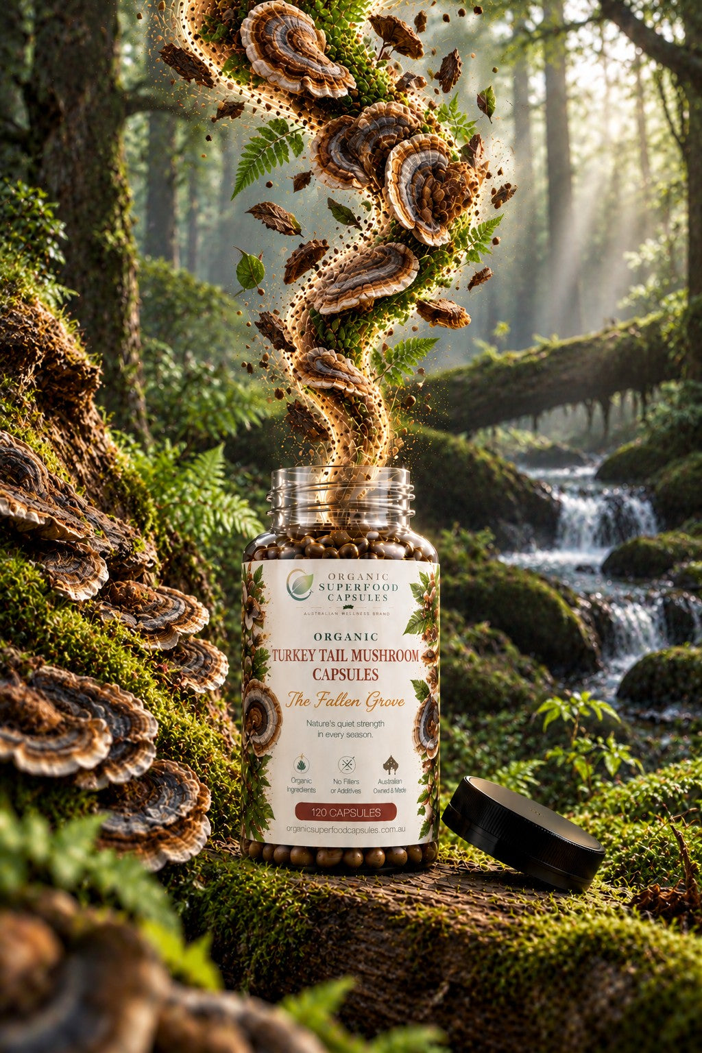 A bottle of Organic Turkey Tail Mushroom Capsules sits on a mossy log in a forest, with mushrooms and leaves floating above it like a spiral staircase. The background shows a lush green forest with a small waterfall.