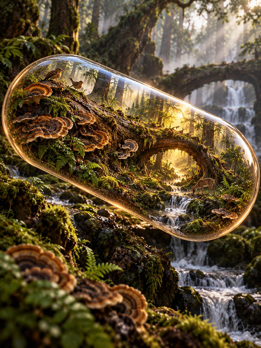 A clear capsule-shaped terrarium containing a miniature forest scene with moss, mushrooms, ferns, and a small waterfall, floating over a real forest landscape with trees, moss, and waterfalls.