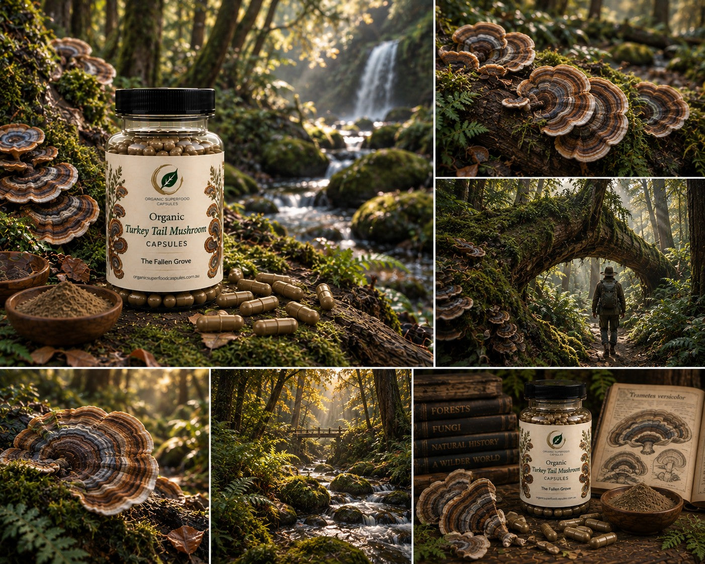 A collage of six panels featuring a bottle of organic turkey tail mushroom capsules placed in a mossy forest setting, surrounded by turkey tail mushrooms, wood bowls, capsules, books, and a forest path with a person in the distance.