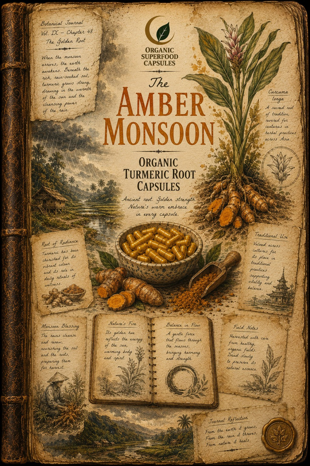 Vintage-style illustrated book cover for 'The Amber Monsoon: Organic Turmeric Root Capsules' with aged parchment panels, botanical drawings, a bowl of capsules, and rustic brown leather binding.