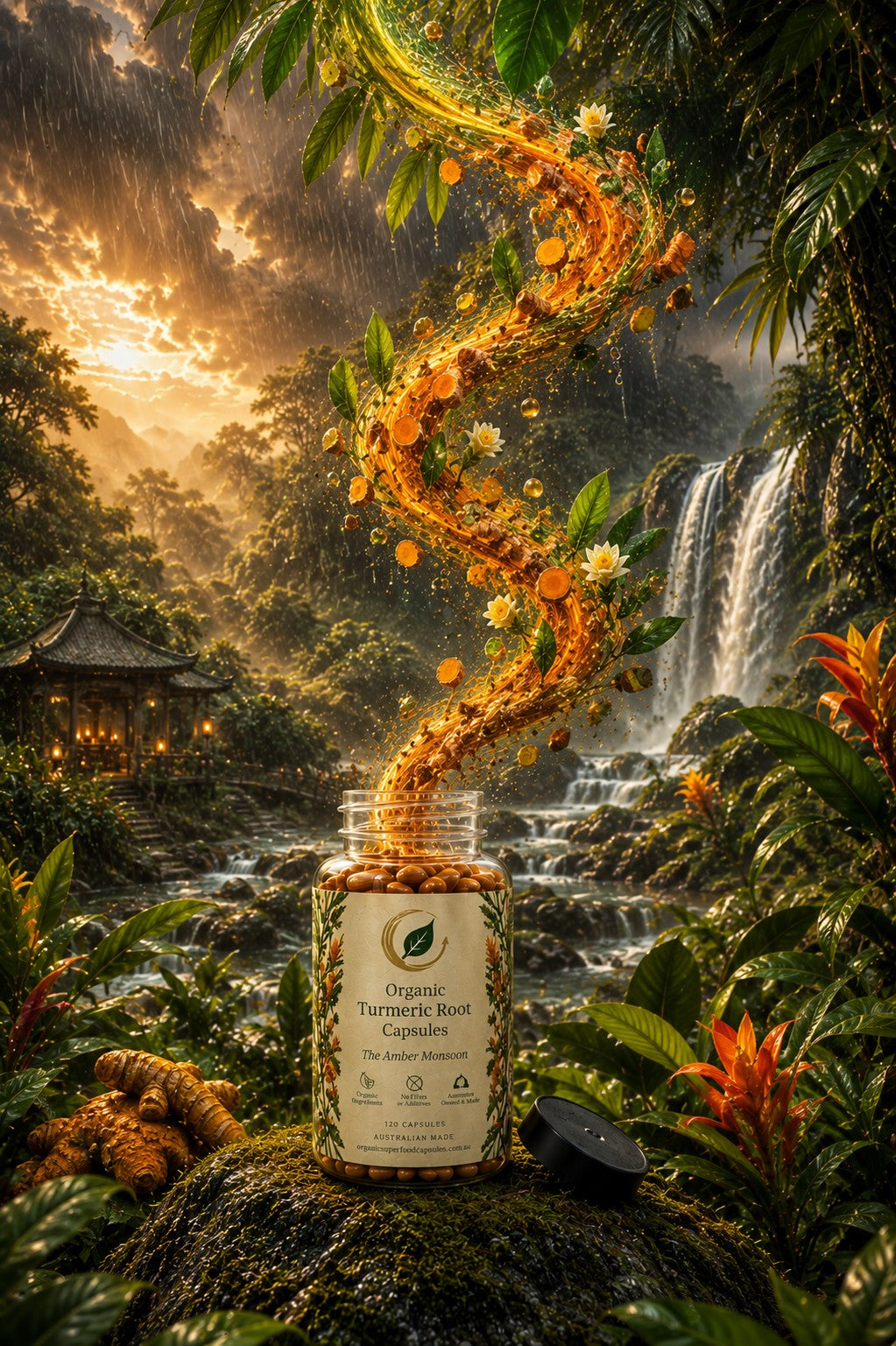 A jar of Organic Turmeric Root Capsules sits on a mossy rock in a lush tropical forest with waterfalls and a temple in the background. A swirling stream of golden-orange capsules and flowers rises from the jar, and a black lid rests beside it.