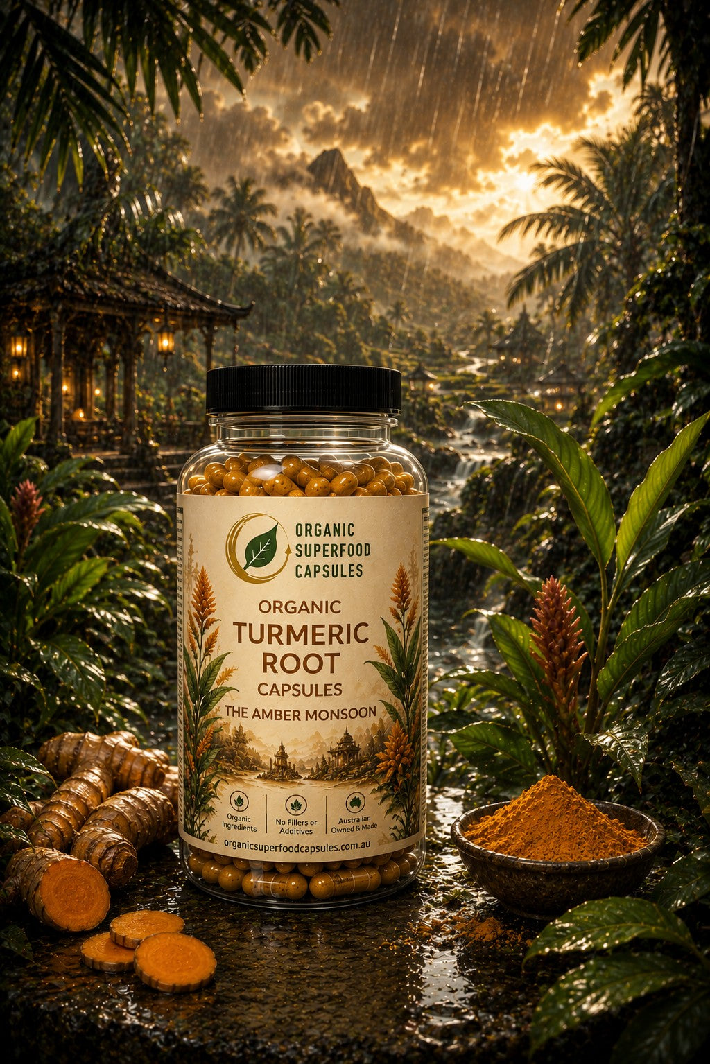 A bottle of Organic Turmeric Root Capsules stands on a wet stone surface in a lush tropical forest scene with rain, mountains, and warm golden light in the background. Slices of turmeric root, a bowl of orange powder, and the bottle are arranged around it.