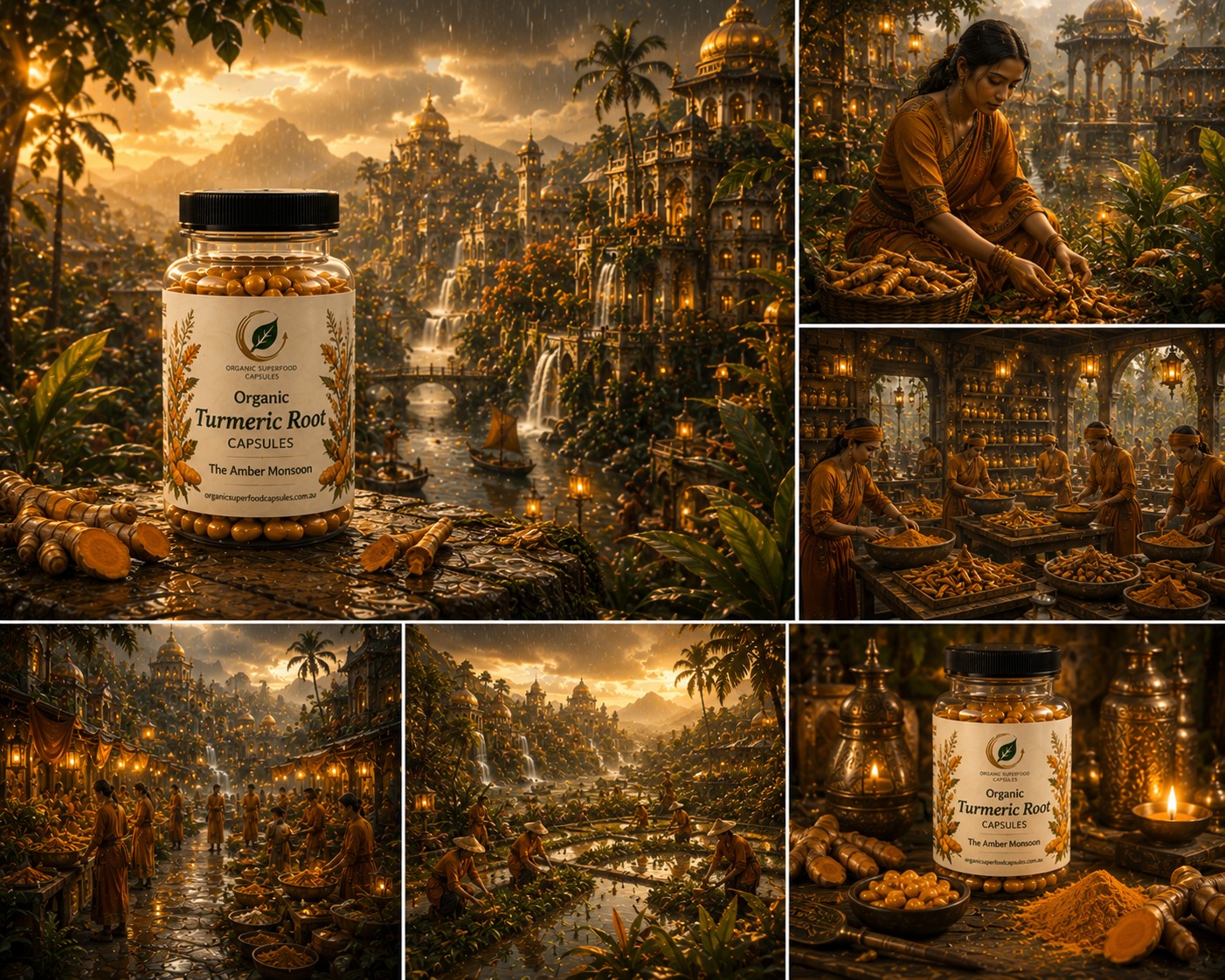 A collage of six panels featuring a jar of Organic Turmeric Root Capsules set against a richly detailed fantasy landscape of ancient ruins, waterfalls, and warm glowing markets. The main panel on the left shows the product jar prominently in the foreground, while other panels show people preparing turmeric in a rustic setting.