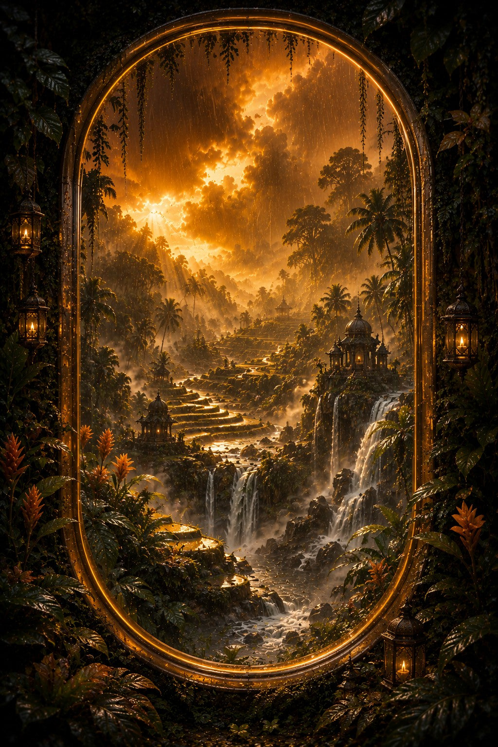 A framed fantasy landscape artwork showing a glowing golden waterfall scene with mist, clouds, and tropical foliage, presented within an oval ornate frame surrounded by dark jungle-like surroundings and hanging lanterns.