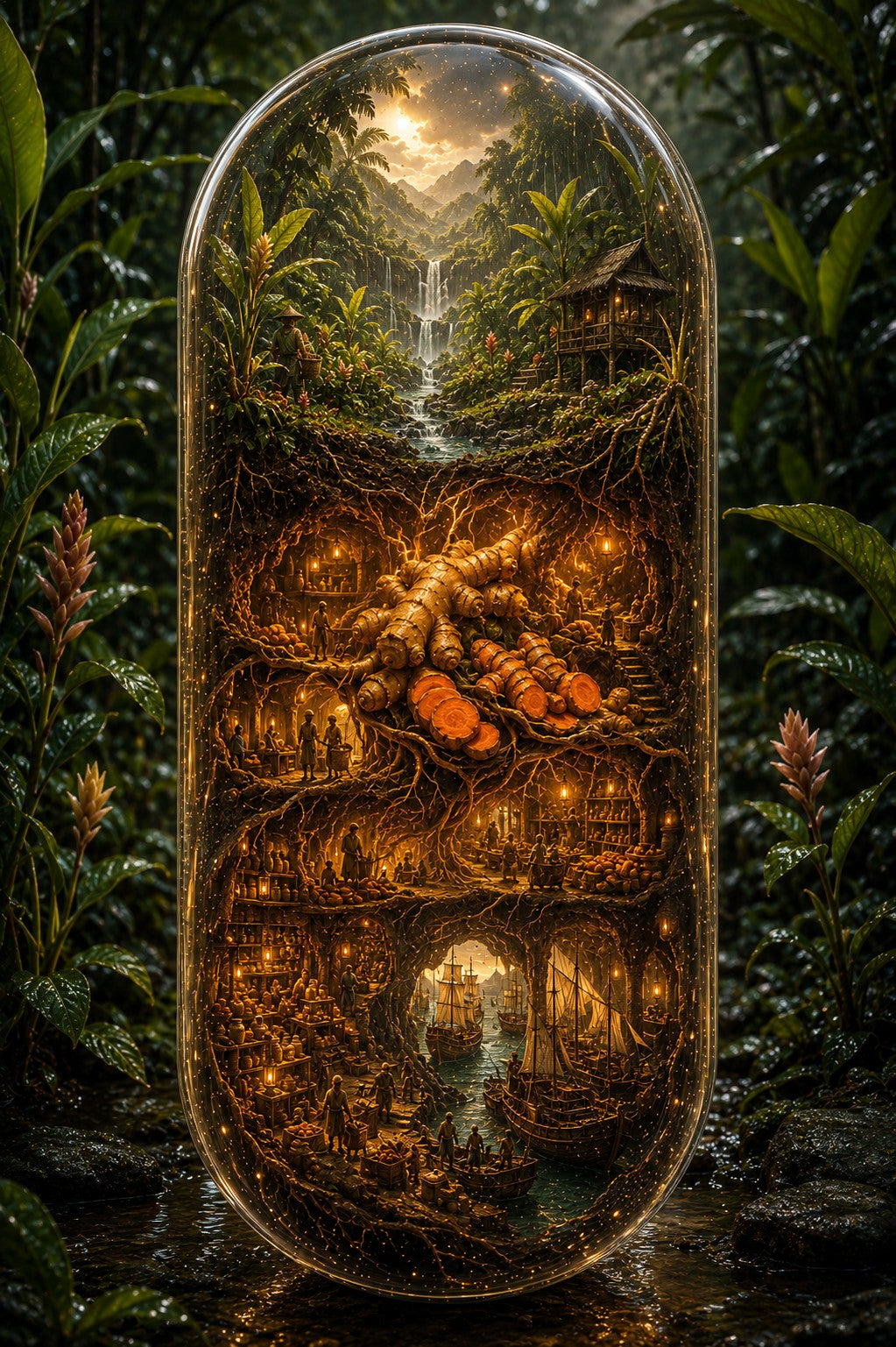 An oval glass vial or capsule standing upright in a dark, lush forest-like setting. Inside the vial is a highly detailed fantasy scene with glowing warm lights, roots, mushrooms, water, and a waterfall, surrounded by green foliage outside.