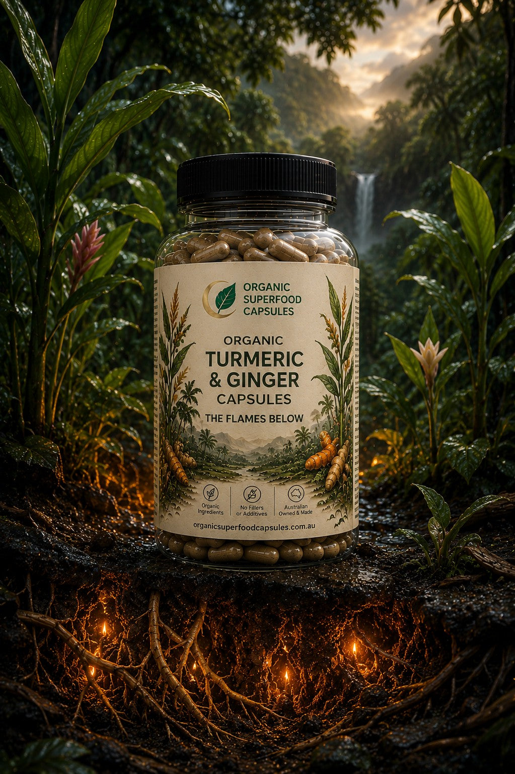 A bottle of Organic Turmeric & Ginger Capsules centered against a lush, mystical forest background with glowing roots and a waterfall. The bottle has a black cap and a beige label with green and yellow illustrations.