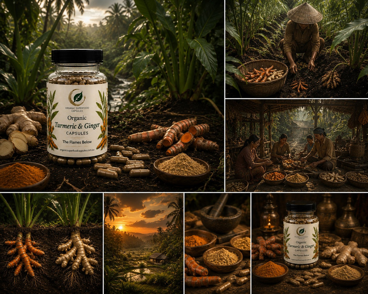 A collage showing a jar labeled Organic Turmeric & Ginger Capsules surrounded by turmeric roots, powder, and kitchen scenes, with additional panels of a tropical landscape and people preparing ingredients.
