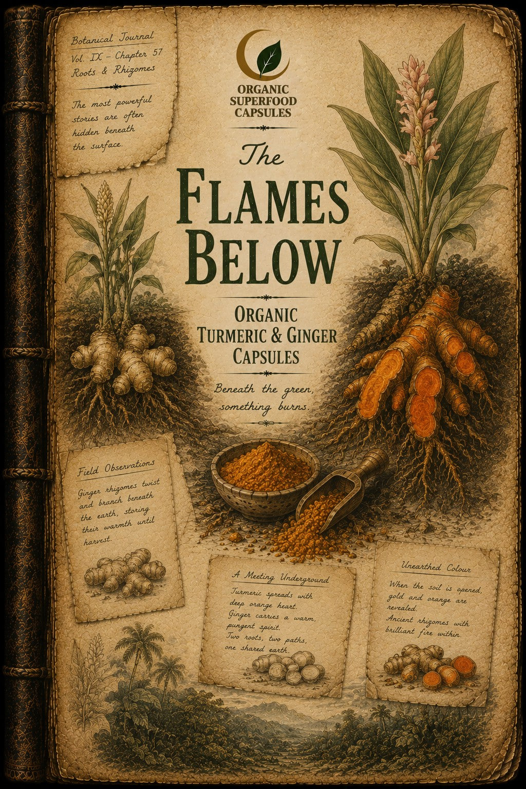 A vintage-style illustrated book cover titled "The Flames Below" with the subtitle "Organic Turmeric & Ginger Capsules." The cover features aged parchment textures, dark brown wood tones, and botanical illustrations including ginger roots, turmeric roots, herbs, and small capsules.