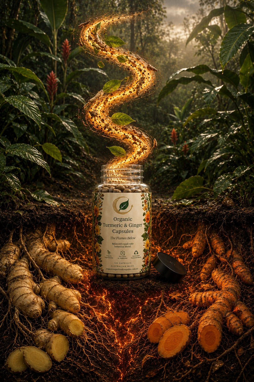 A bottle of Organic Turmeric & Ginger Capsules stands in a forest-like setting with roots, turmeric roots, and glowing orange fire-like effects around it. The label reads 'Organic Turmeric & Ginger Capsules' and 'Turmeric Root'.