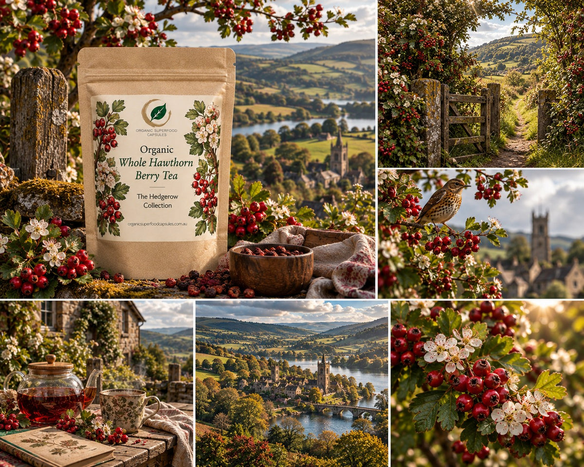 A collage-style product image for organic whole hawthorn berry tea. A kraft paper pouch labeled 'Organic Whole Hawthorn Berry Tea' stands prominently on the left, surrounded by red berries, flowers, and rustic tea-time props.