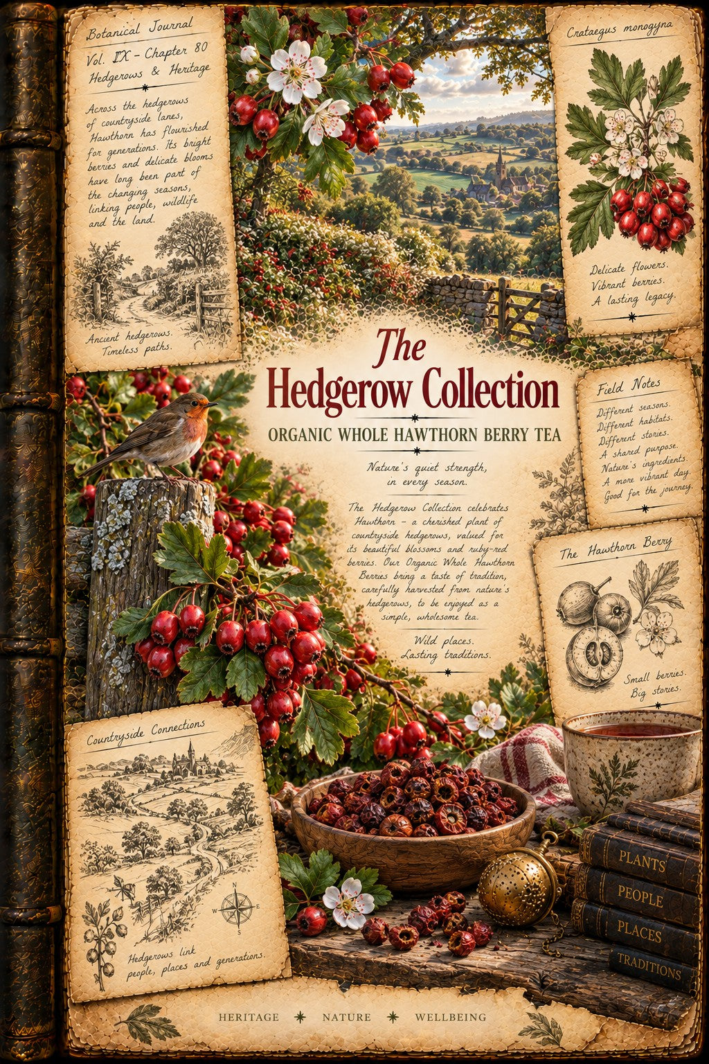 A vintage-style illustrated book or album cover titled "The Hedgerow Collection," featuring rustic botanical artwork with hawthorn berries, leaves, a bird, a cup of tea, books, and handwritten recipe panels arranged around a central title card.