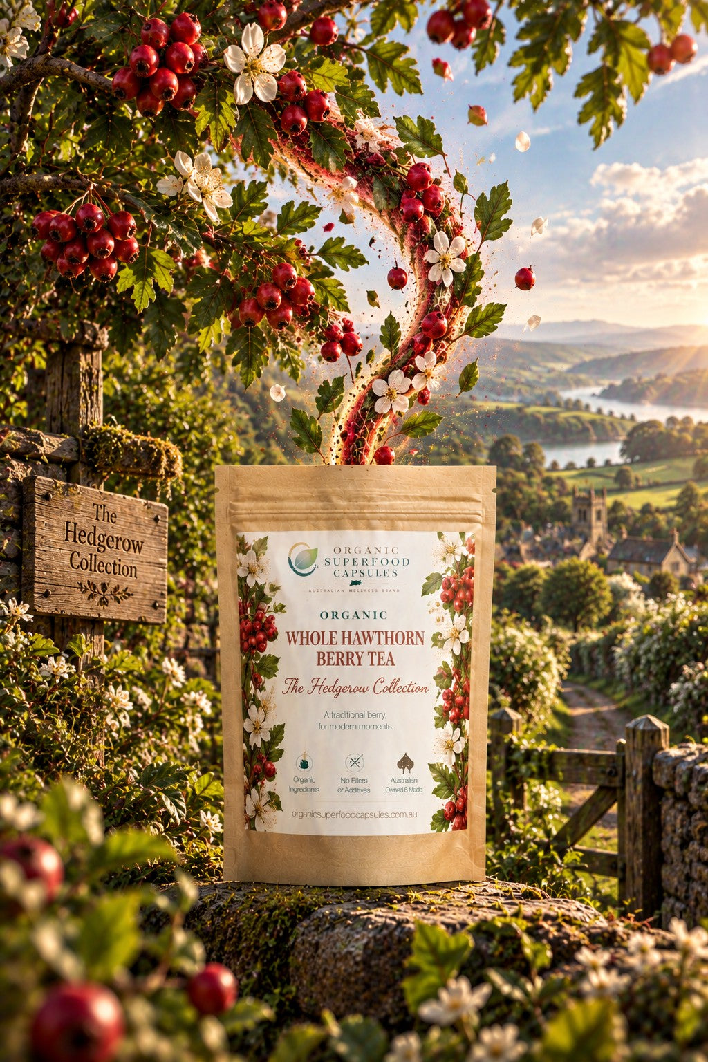 A stand-up pouch of Organic Whole Hawthorn Berry Tea from The Heigerow Collection is displayed outdoors on a stone wall, surrounded by greenery, red berries, white flowers, and a scenic countryside landscape in the background.