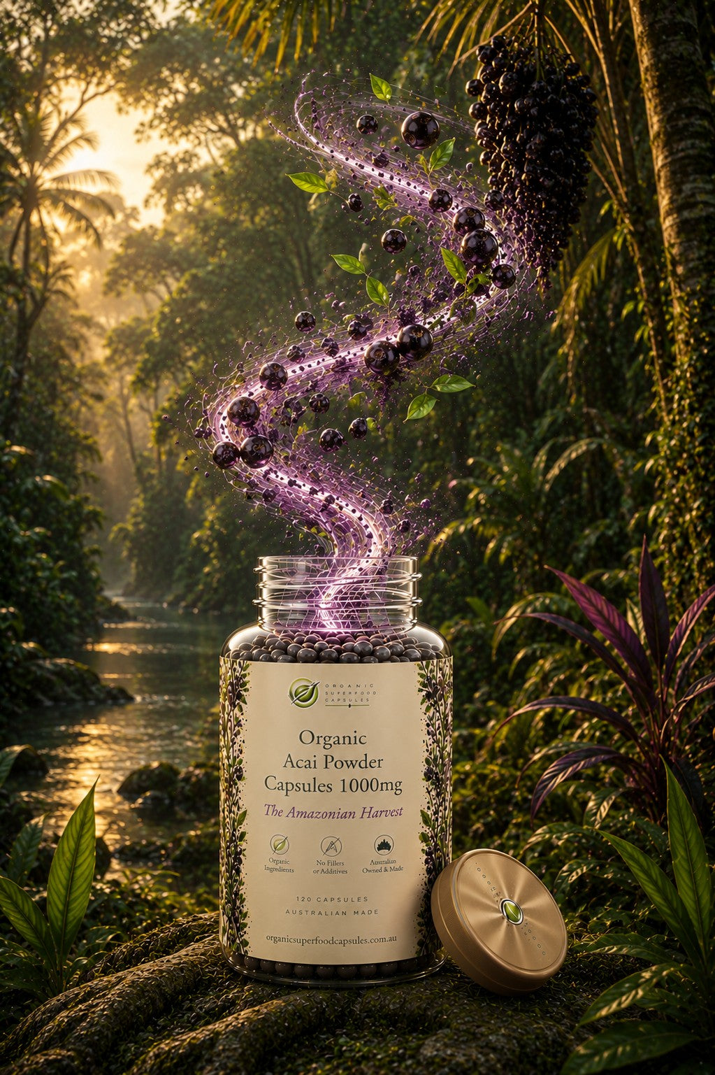 A bottle of organic acai powder capsules stands open in a lush forest setting, with a swirling purple acai spiral and dark acai berries rising above it. The label reads 'Organic Acai Powder Capsules 1000mg'.