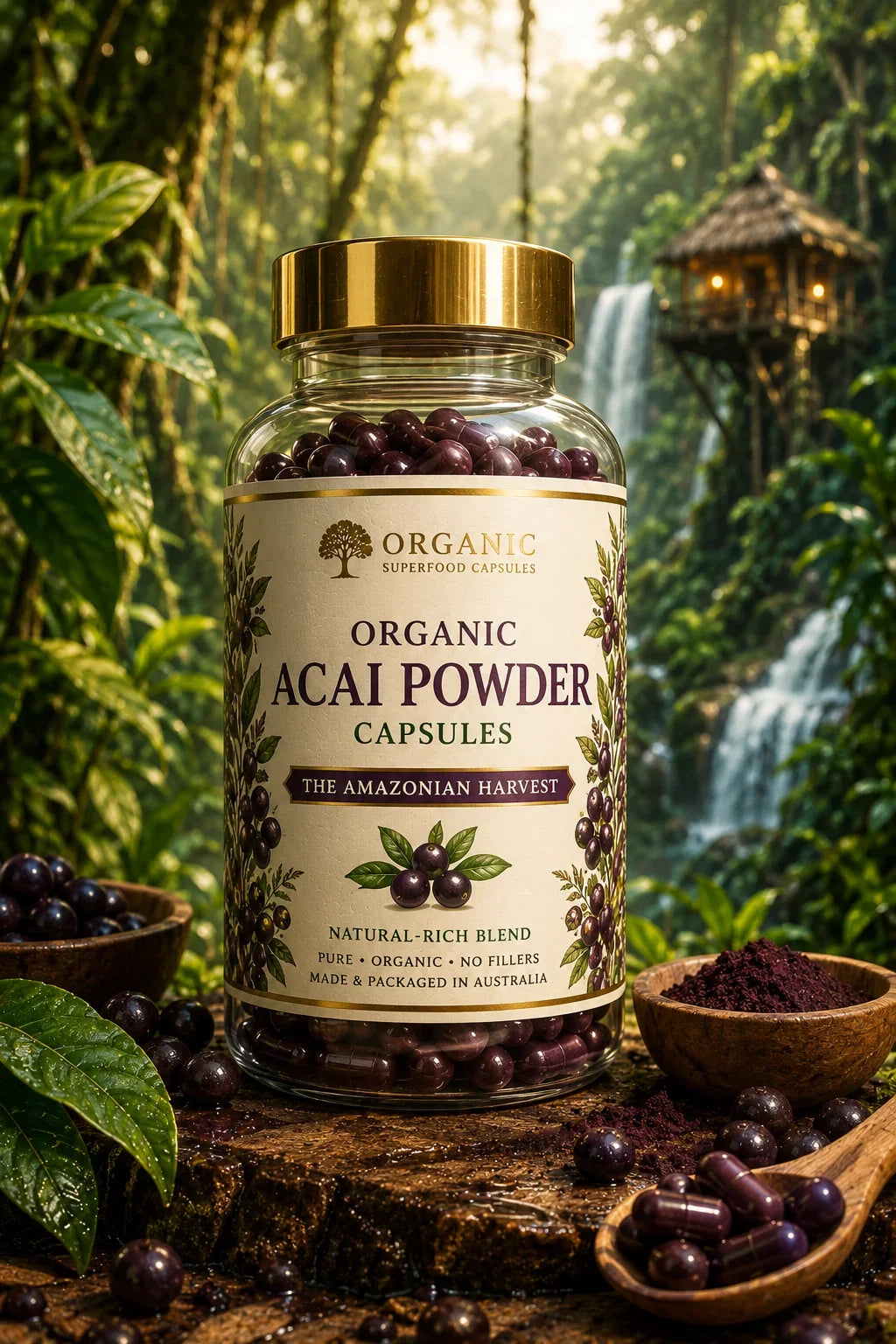 Jar of Organic Acai Powder Capsules with a forest background. Organic Acai Powder Capsules 1000mg | The Amazonian Harvest