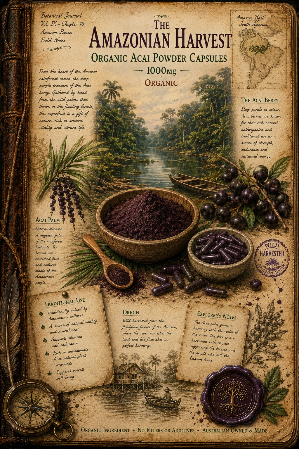Vintage-style illustrated product card for The Amazonian Harvest Organic Acai Powder Capsules, featuring a parchment layout with a central acai bowl, a bowl of capsules, a wooden spoon, acai plant illustration, and decorative text blocks.